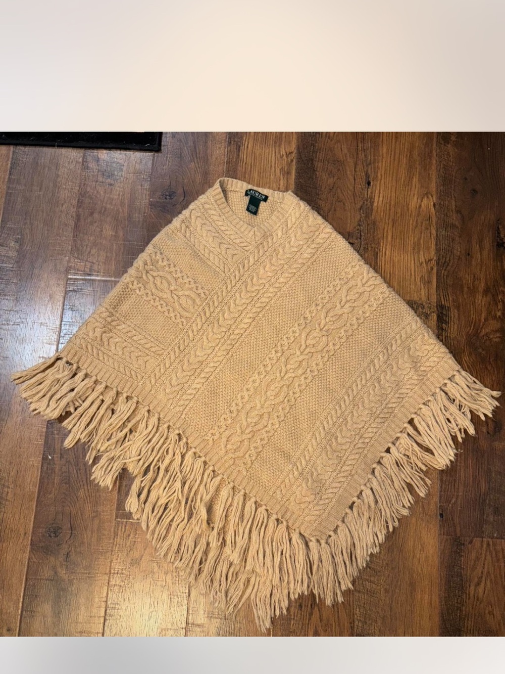 Lauren Ralph Lauren Beige Cable Knit Fringe Poncho